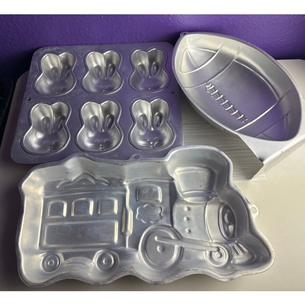 Vintage Wilton Cake Pan Lot Train Football 6 Cavity Bunny Easter Bakeware Baking
